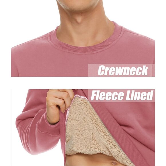 Mens Crewneck Sweatshirt Fleece Lined Warm Pink Outdoor Long Sleeve Pullover - Picture 5 of 6
